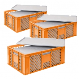 3x EPS-Thermobox im Stapelkorb mit Deckel, LxBxH 600x400x240 mm, orangener Korb, grauer Deckel