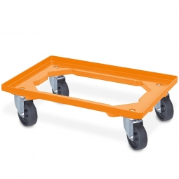 Transportroller für 600x400 mm Eurobehälter, offenes Deck, 4 Lenkrollen, schwarze Kunststoffräder, orange