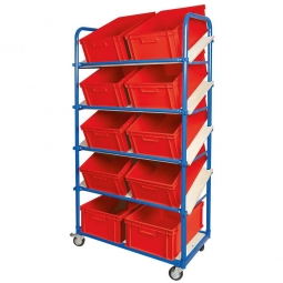 Schrägboden-Regalwagen mit 5 Ebenen, BxTxH 1050x500x1880 mm, 4 Lenkrollen, 2 Rollen mit Feststellbremse, bestückt mit 10 Euroboxen BxTxH 600x400x220 mm, mit Griffleisten