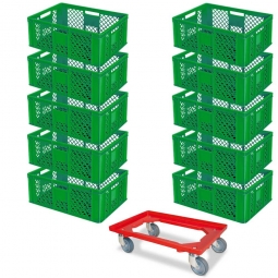 Set mit 10 Euro-Stapelbehältern 600x400x240 mm, grün +GRATIS 1 Transportroller