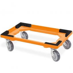 Transportroller für 600x400 mm Drehstapelbehälter, offenes Deck, 4 Lenkrollen, graue Gummiräder, orange