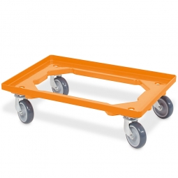Transportroller für 600x400 mm Eurobehälter, offenes Deck, 4 Lenkrollen, graue Gummiräder, orange