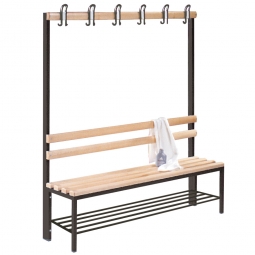 Einseitige Garderobenbank mit Schuhrost, 6 Doppelhaken, LxTxH 1500x405x1650 mm Einseitige Garderobenbank mit Schuhrost, 6 Doppelhaken, LxTxH 1500x405x1650 mm