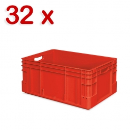 32 Schwerlastbehälter, geschlossen, LxBxH 600x400x270 mm, 54 Liter, 2 Durchfassgriffe, rot