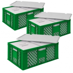 3x 2 EPS-Thermoboxen im Stapelkorb mit Deckel, LxBxH 600x400x240 mm, grüner Korb, grauer Deckel