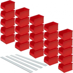 25 rote Sichtboxen + 4 Wandschienen, Inhalt 2,9 Liter, Material Polypropylen-Kunststoff (PP)