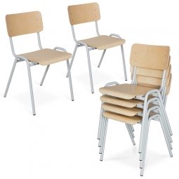6-Set Stapel-Stuhl/Warteraum-Stuhl mit Stahlrohrgestell, belastbar bis 150 kg, kunststoffbeschichtet, Sitz und Lehne aus Buchenschichtholz, Gestellfarbe lichtgrau