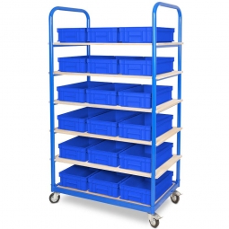 Etagenwagen mit 6 Ebenen, BxTxH 1050x500x1690 mm, 4 Lenkrollen, 2 Rollen mit Feststellbremse, bestückt mit 18 Euroboxen BxTxH 400x300x120 mm, mit Griffleisten