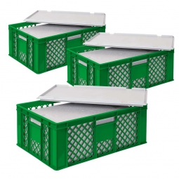 3x EPS-Thermobox im Stapelkorb mit Deckel, LxBxH 600x400x240 mm, grüner Korb, grauer Deckel