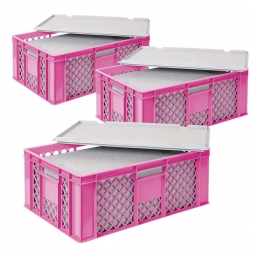 3x EPS-Thermobox im Stapelkorb mit Deckel, LxBxH 600x400x240 mm, pinker Korb, grauer Deckel