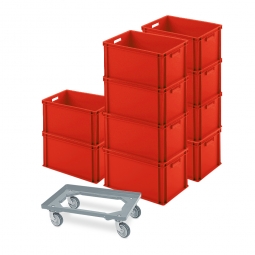 Set mit 10 Euro-Stapelbehältern, LxBxH 600x400x320 mm, rot + 1 Transport-Roller GRATIS
