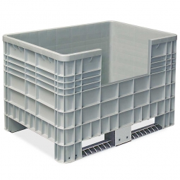 Palettenbox mit Außenrippen und 2 Kufen, Zuschnitt an einer Längsseite, Außenmaße LxBxH 1170x800x800 mm, grau