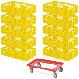 Set mit 10 Euro-Stapelbehältern 600x400x150 mm, gelb +GRATIS 1 Transportroller