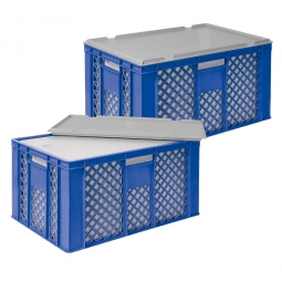 2x EPS-Thermobox im Stapelkorb mit Deckel, LxBxH 600x400x320 mm, blauer Korb, grauer Deckel
