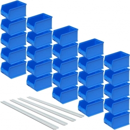 25 blaue Sichtboxen + 4 Wandschienen, Inhalt 2,9 Liter, Material Polypropylen-Kunststoff (PP)