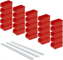 25 rote Sichtboxen + 3 Wandschienen, Inhalt 0,85 Liter, Material Polypropylen-Kunststoff (PP)