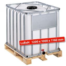 IBC-Container, 1000 Liter, auf Holzpalette, LxBxH 1200x1000x1160 mm, weiß