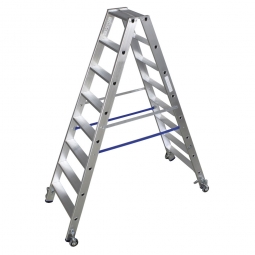 Alu-Stufen-Doppelleiter mit 2x 8 Stufen, fahrbar, Leiterhöhe 1900 mm, max. Arbeitshöhe 3650 mm, Gewicht 10,8 kg