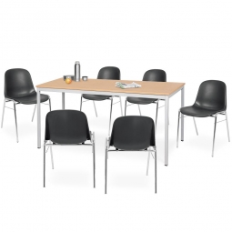 7-teiliges Tischgruppe-Komplettangebot, bestehend aus: 6 Schalenstühlen und 1 Tisch, BxTxH 1600x800x750 mm, Buche Dekor / schwarz