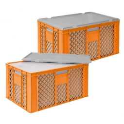 2x EPS-Thermobox im Stapelkorb mit Deckel, LxBxH 600x400x320 mm, orangener Korb, grauer Deckel