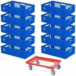 Set mit 10 Euro-Stapelbehältern 600x400x150 mm, blau +GRATIS 1 Transportroller