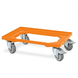Transportroller für 600x400 mm Eurobehälter, offenes Deck, orange, 4 Lenkrollen, 2 mit Feststellbremse, graue Gummiräder