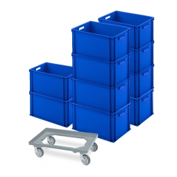 Set mit 10 Euro-Stapelbehältern, LxBxH 600x400x320 mm, blau + 1 Transport-Roller GRATIS