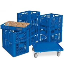 Set mit 11 blauen Euro-Stapelbehältern in 4 Höhen + Gratis 1 Transportroller