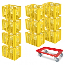 Set mit 10 Euro-Stapelbehältern 600x400x410 mm, gelb +GRATIS 1 Transportroller