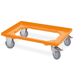 Transportroller für 600x400 mm Eurobehälter, offenes Deck, orange, 2 Bock- und 2 Lenkrollen mit Feststellbremse, graue Gummiräder