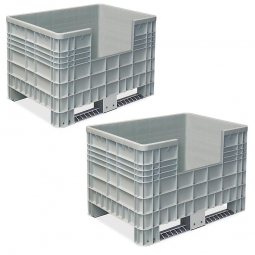 2x Palettenbox mit Außenrippen und 2 Kufen, Zuschnitt an einer Längsseite, Außenmaße LxBxH 1170x800x800 mm, grau