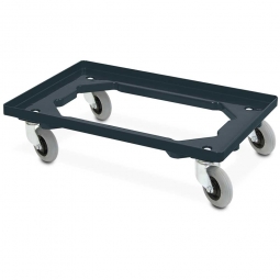 ABS-Kunststoff-Flüster-Roller für Euro-Stapelbehälter 600x400 mm, schwarz, 100 mm PU-Rad, Deck offen, Tragkraft 250 kg