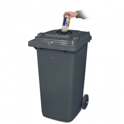 Verschließbarer Müllbehälter mit Flascheneinwurf und Gummirosette, 120 Liter, grau