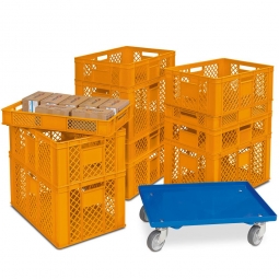 Set mit 11 orangen Euro-Stapelbehältern in 4 Höhen + Gratis 1 Transportroller