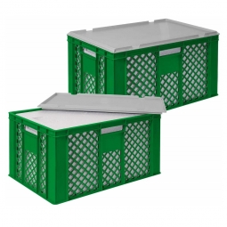 2x EPS-Thermobox im Stapelkorb mit Deckel, LxBxH 600x400x320 mm, grüner Korb, grauer Deckel