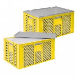 2x EPS-Thermobox im Stapelkorb mit Deckel, LxBxH 600x400x320 mm, gelber Korb, grauer Deckel