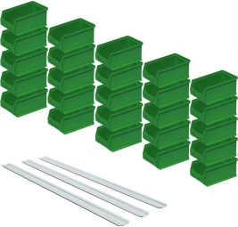 25 grüne Sichtboxen + 3 Wandschienen, Inhalt 0,85 Liter, Material Polypropylen-Kunststoff (PP)