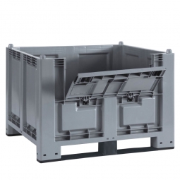 Palettenbox mit 2 Kufen u. Kommissionierklappe, grau, 1200x800x850 mm, Boden/Wände geschlossen, Tragkraft 500 kg