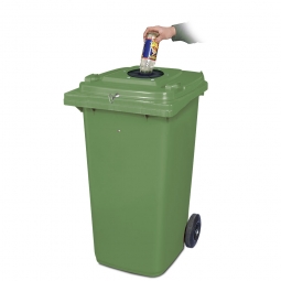 Verschließbarer Müllbehälter mit Flascheneinwurf und Gummirosette, 120 Liter, grün