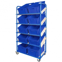 Schrägboden-Regalwagen mit 5 Ebenen, BxTxH 1050x500x1880 mm, 2 Lenk- (mit Feststellbremse) u. 2 Bockrollen, bestückt mit 10 Euroboxen BxTxH 600x400x220 mm, mit Durchfassgriffen