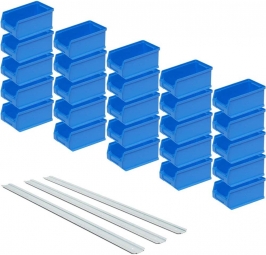 25 blaue Sichtboxen + 3 Wandschienen, Inhalt 0,85 Liter, Material Polypropylen-Kunststoff (PP)